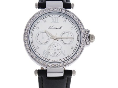 Antoneli AL0519-07 Silver Black Leather Strap Watch by Antoneli for Women - 1 Pc Watch on Sale